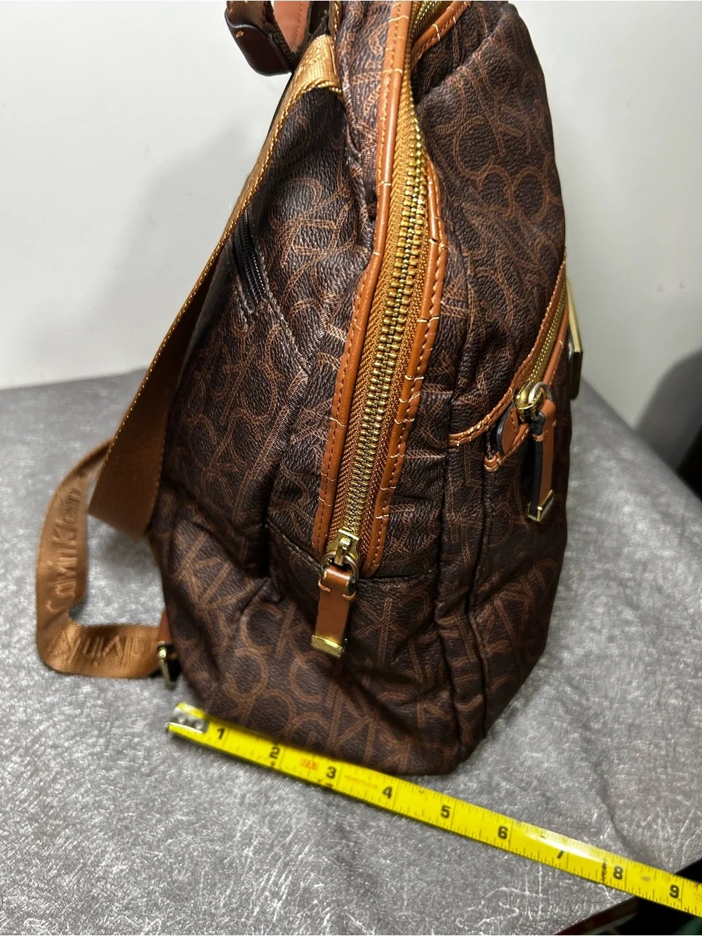 Calvin Klein Brown Logo Print Backpack Zip Front Pocket Gold Hardware